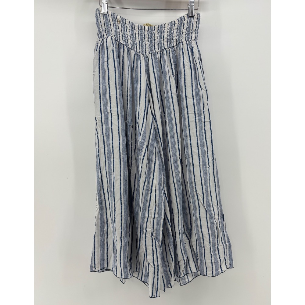 Pineapples Palazzo Wide Leg Pants Women Small Blue White Striped Smocked Waist